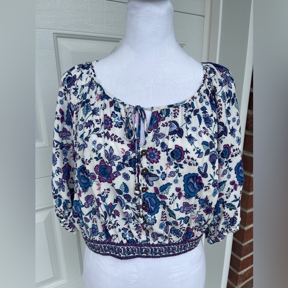 Joie Blue Purple White Floral Crop Top, Size Medium